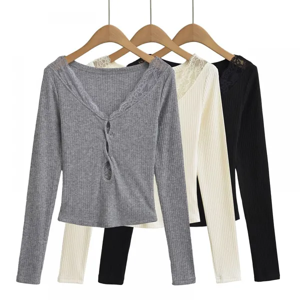 Pure Lust Lace Stitching Hollow-out Long-sleeved T-shirt Women's 2024 Autumn and Winter New Hot Girl V-neck Slim-fitting Top photo-3