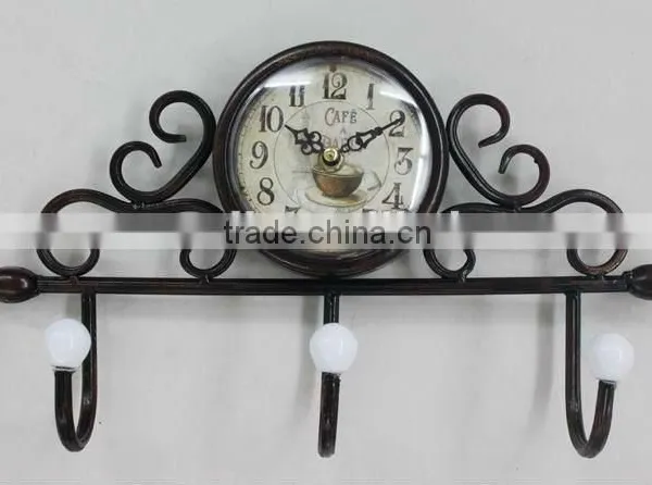 Antique Art Metal Clock Wall With Hooks