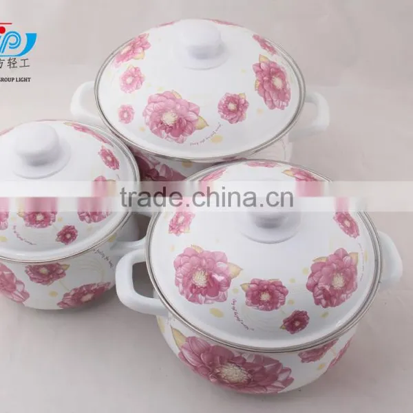18-22CM 3 Pcs Enamel Casserole With Metal Cover Beautiful Decal photo-2