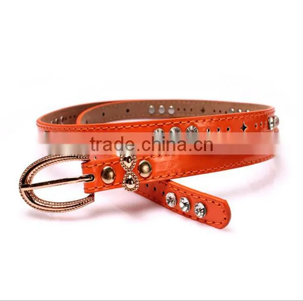 Fashion Rhinestone Decorated Pin Buckle Sex Girl Thin Orange PU Waist Belt photo-2