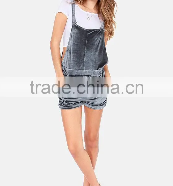 2017 Spring Autumn Sleeveless Sexy Short Ladies Rompers Soft Grey Plain Velvet Jumpsuit For Young Girls China photo-3