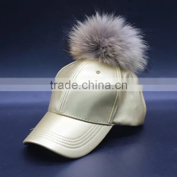 PU Leather Baseball Cap With Fake Foxfeather Pom Pom photo-3