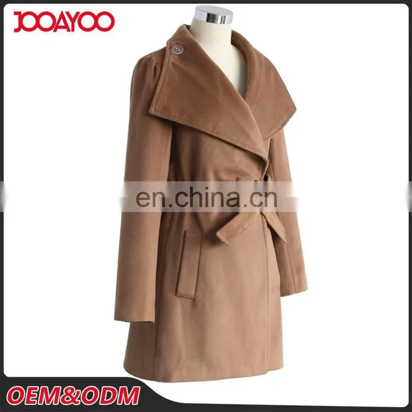 Women's Winter Long Coat Wide Collar Long Sleeve Belted Wool Blend Coat in Tan photo-2