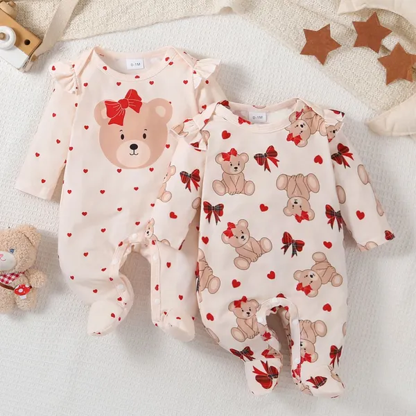 2pcs Newborn Baby's Bowknot Bear Print Long Sleeve Footie, Toddler & Infant Girl's Comfy Footed Romper Set For Spring Fall