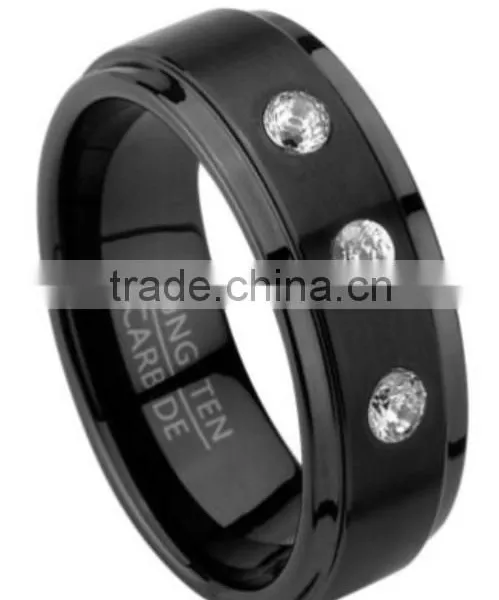 Fashionable Tungsten Wedding Ring Black Plating With cz Stones