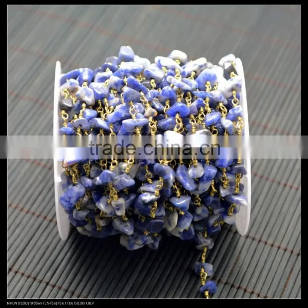 LFD-003C ~Wholesale DIY Gold Plated Wire Wrapped Freeform Lapis Chips Chain Gemstone Beaded Jewelry Finding photo-2