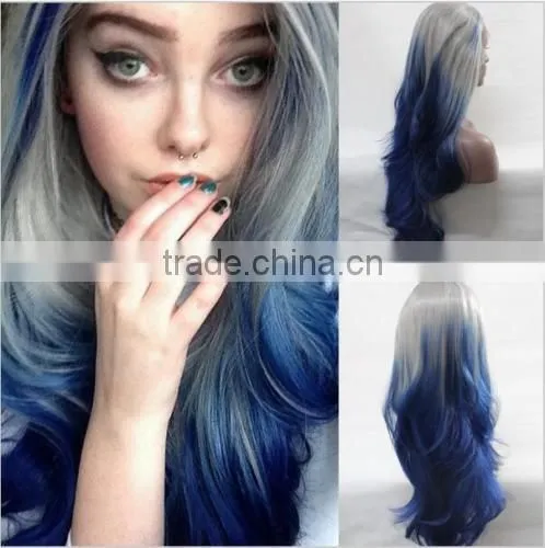 Heat Resistant Lace Front Wig Synthetic Body Wavy Ombre Color 1B Gray Lavender photo-3