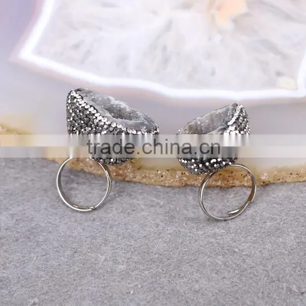 Natural Agate Geode Druzy Ring Whoesale Gemstone and Crystal Zircon Paved Rings photo-2