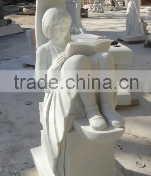 Hand Carved White Marble Garden Girl Reading Book Sculpture photo-3