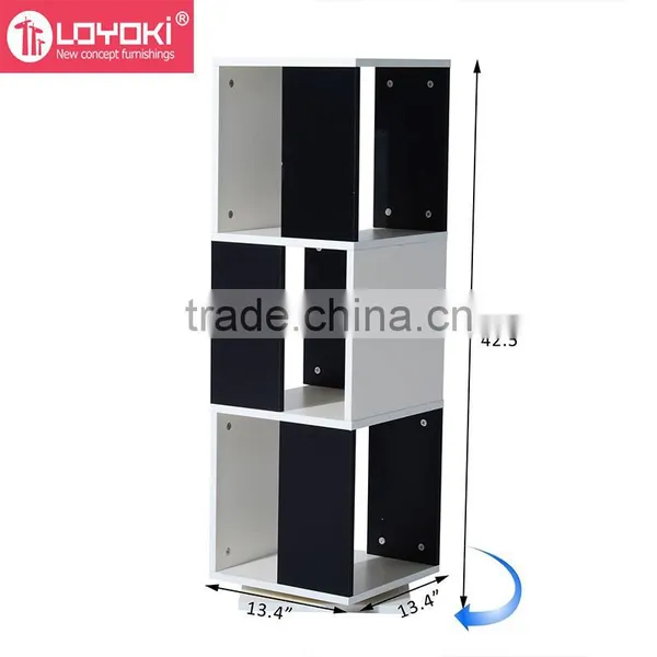 3-Tier Rotating Bookshelf Black and White MDF Wood Bookcase Wooden Cube Organizer photo-4
