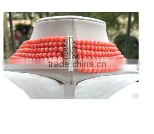 Wholesale 6 Rows 17-22 Inch 6mm Pink Round Coral Beads Necklace Jewelry Set photo-2