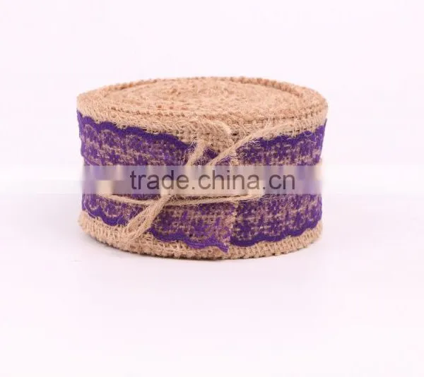 Jute Burlap Natural Hessian Ribbon With Purple Lace Trim Wedding photo-2