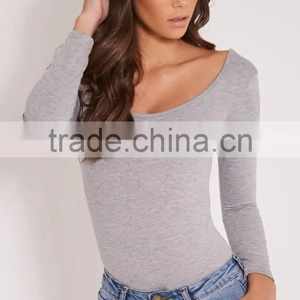 Custom Size One Piece Plain Jumpsuit Long Sleeve Basic Grey Scoop Neck Thong Bodysuit photo-3