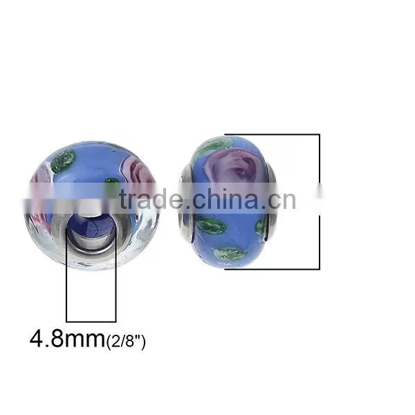 Lampwork Glass European Style Large Hole Beads Round Blue Transparent Pink Flower With 304 Stainless Steel Silver Tone Core photo-2