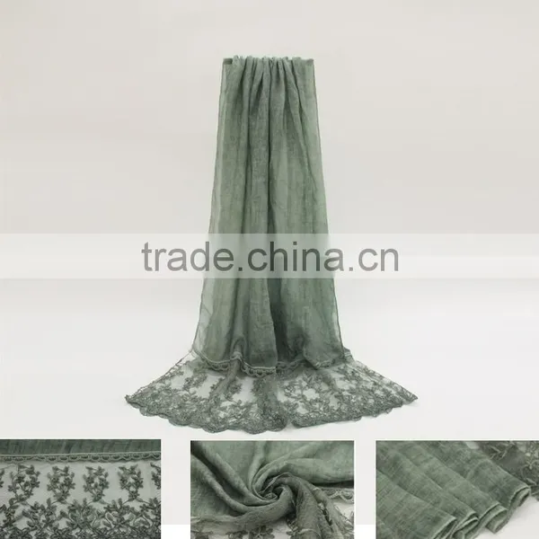 New Fashion Custom Classic Plain Dyed Linon Viscose Thin Lace Flower Trim Ribbon Hijab Scarf photo-2