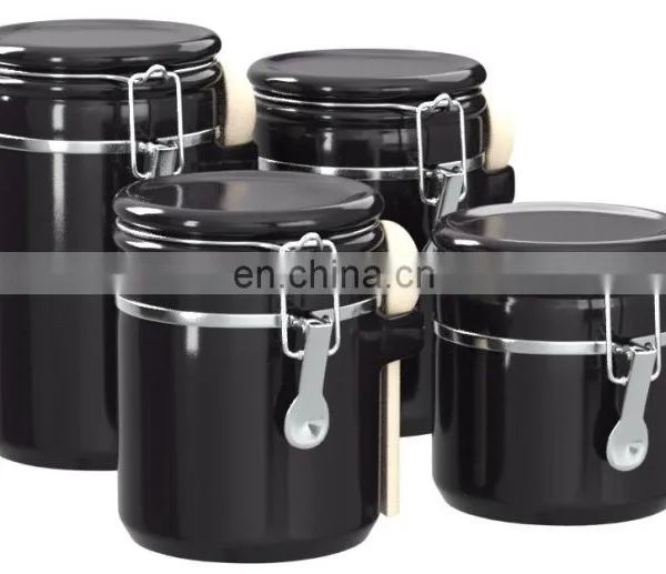 Airtight High Quality Kitchenware Airtight Vacuum Kitchen Ceramic Condiment Food Coffee Storage Jar Canister Set With Lid Spoon photo-5