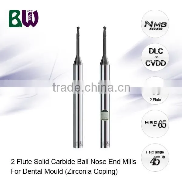 2 Flute Carbide Ball End Mill Cutters With DLC Coating For Denture Molds