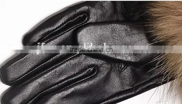 Women's Lambskin Leather Gloves With Plush Raccoon Fur Trim Super Warm photo-4