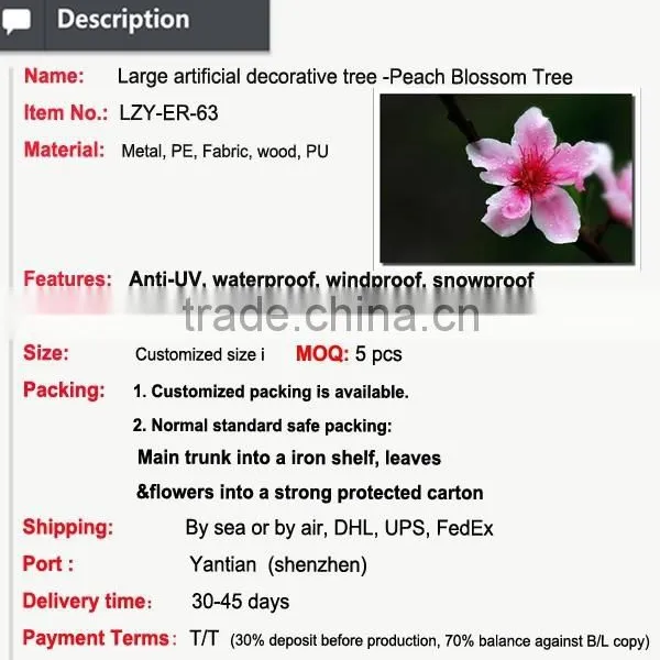 2015 New Product Artificial Pink Flower Lager Tree Large Outdoor Tree Christmas Ornament Peach Blossom photo-5