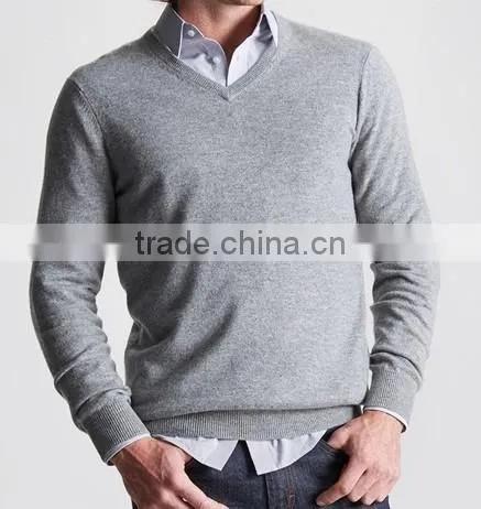 High Quality Wholesale Knit Wear Men's V-neck Cashmere Sweater Blue (BKNM11) photo-2