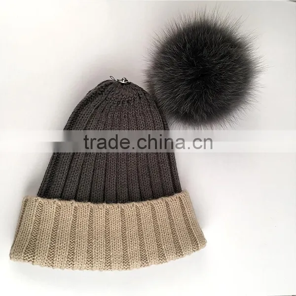 Myfur Real Fox Fur Pom Pom Bi-Color Adult Elegant Wool Beanie photo-2