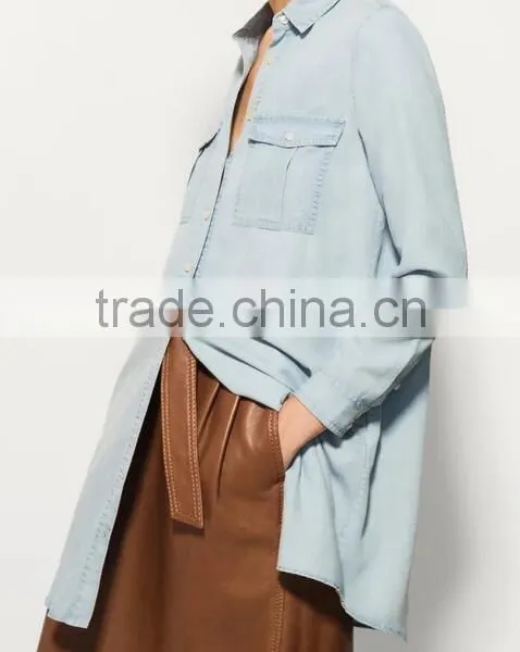 Runwaylover EY2336B Ladies Long Style Fashion Washed Denim Blouse photo-3