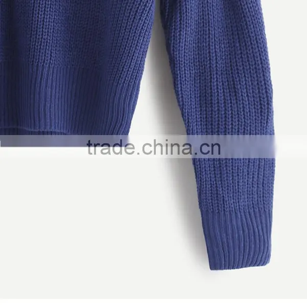 2017 Fall Women Loose Dark Blue Cold Shoulder Knit Sweater photo-3