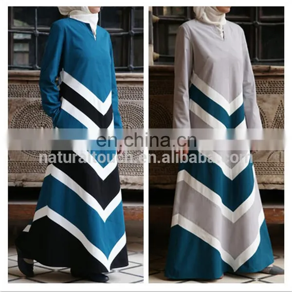 Hot Sale A-line Design Women Strips Long Sleeves Muslim Long Maxi Dress
