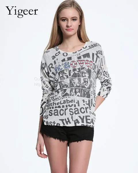 Long Sleeve Printed Word Round Neck Knitted Top Shirt photo-3