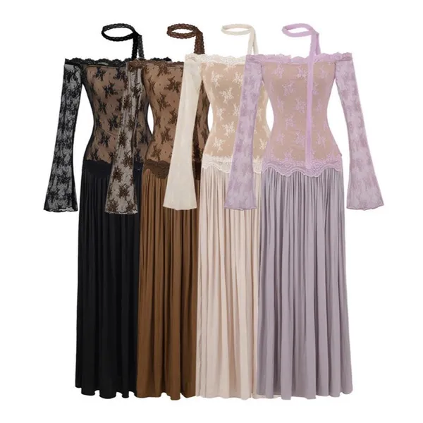 Pure Desire Style Off-shoulder Lace Patched Faux Two-piece Long Sleeve Dress, New Autumn Waist-cinching Slim and Elegant Long Dress photo-2