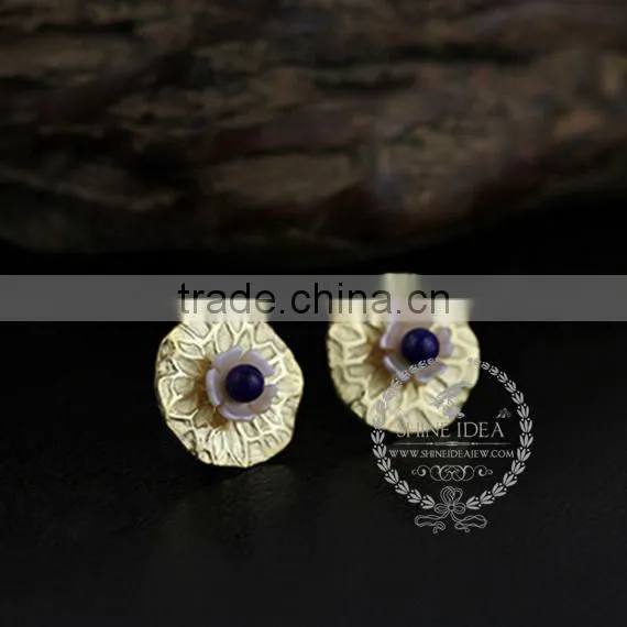 925 Sterling Solid Silver Lotus Leaf Lapis Lazuli Earring Stud Fashion Women Earring DIY Jewelry 6730609 photo-2
