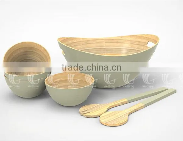 Set Handmade Bamboo Salad Bowls and Spoons, Lacquered Bamboo Products photo-3