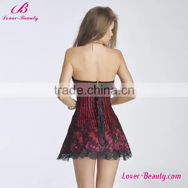 Lover-Beauty Lace Overbust Plastic Boned Sexy Red Corset Short Dress For Sale photo-2