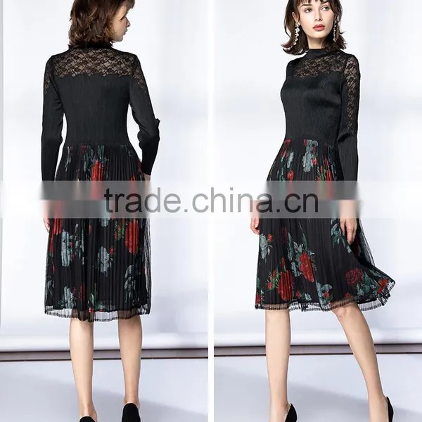 Pleat Large Sized Spring Lace Splicing Printed Dress for Women photo-4