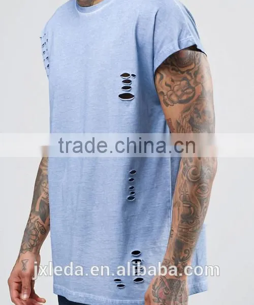 OEM Custom Men Newest Design Fashion Distressed Oversized Sleeveless T-shirt/tee Shirt photo-3