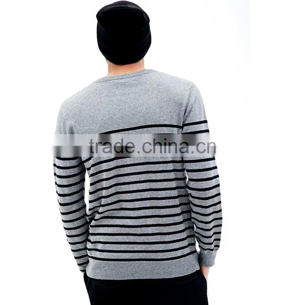 Navy Stripes Crew Neck Cotton Long Sleeve Men Pullover Sweater With Chest Pocket photo-2