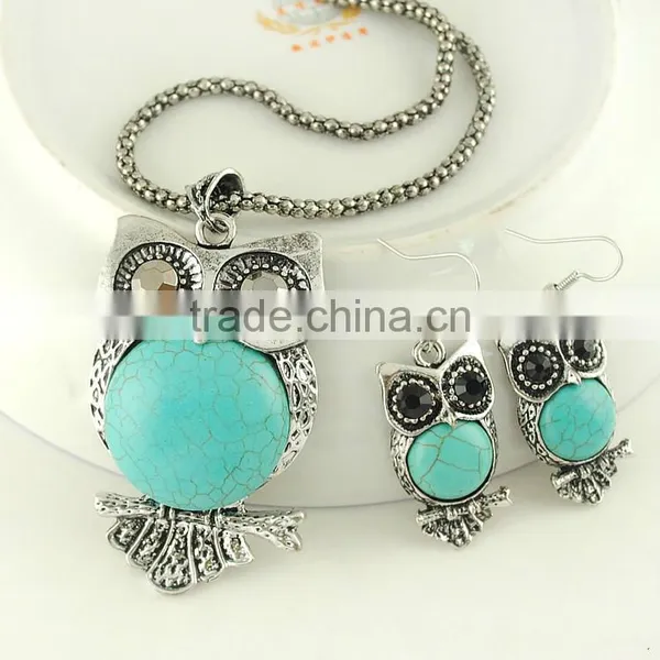 Antique Owl Pendant Silver Plated Turquoise Dangle Earrings Chain Necklace Set photo-6