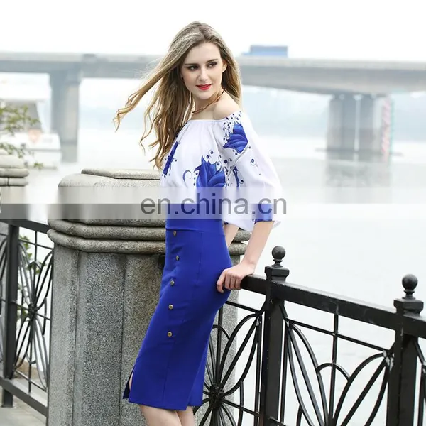 Ladies Crop Top Blue Floral Print Off Shoulder Tops photo-5
