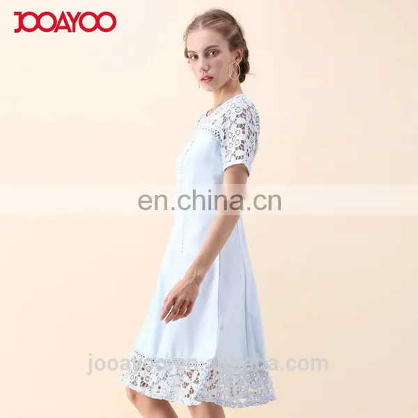 Women Elegant Short Sleeve Flower Lace Embroidered Crochet Dress in Blue photo-2