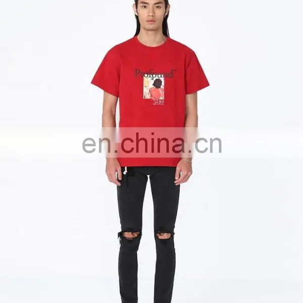 DiZNEW 2020 European and American Mens Vintage Pullover Organic Cotton t Shirt Red photo-3