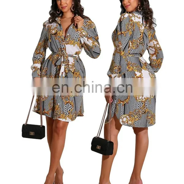 Print Waist Binding Casual Dresses Long Sleeve Dresses photo-2