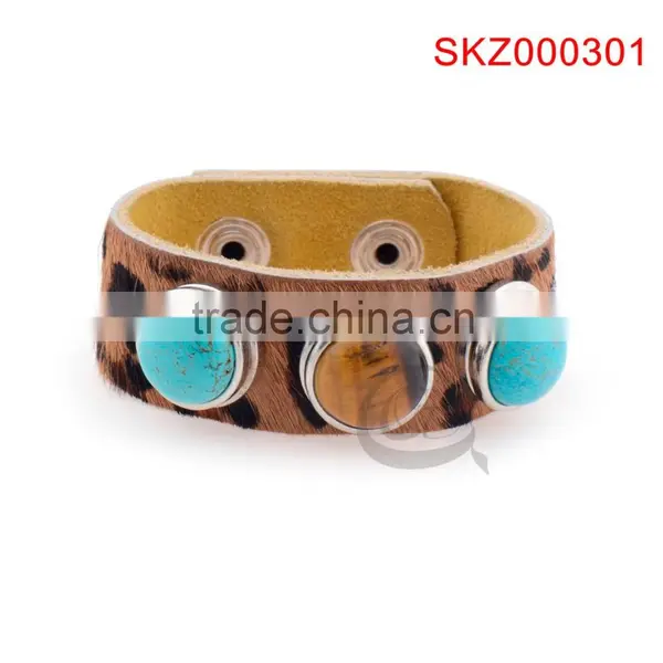 2015 New Products Leather Snap Botton Natural Stone Bracelet photo-2