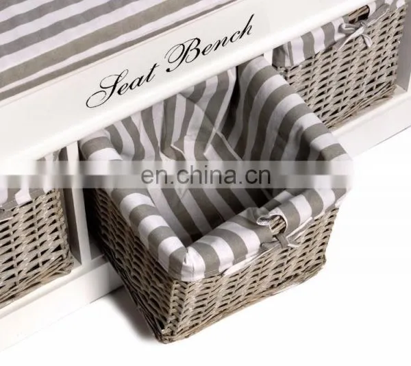 Three BASKET White Wooden Seat BENCH Useful Compartment Storage Organiser Fabric photo-2