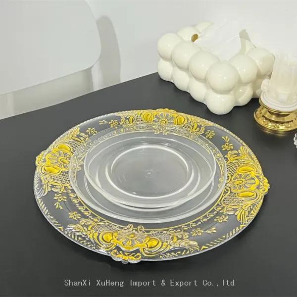 Wedding Dishes 13 Inch Acrylic Clear Gold Embossed Banquet Charger Plates For Home Party photo-3