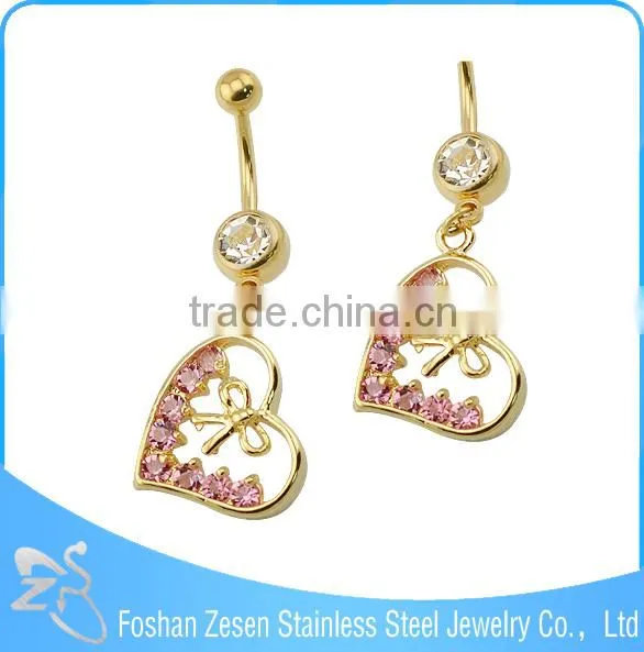 China Manufacturer Surgical Steel Hanging Pink Crystal Heart Bow Belly Ring photo-4