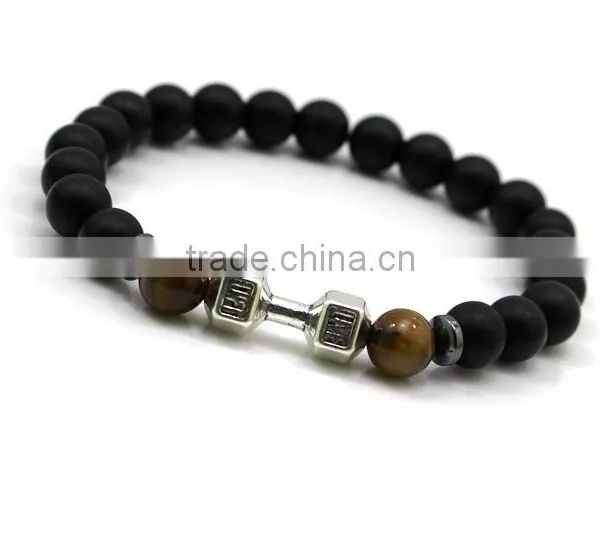 Wholesale Alloy Metal Barbell Matte Black Stone Beads Fitness Fashion Dumbbell Bracelets photo-2