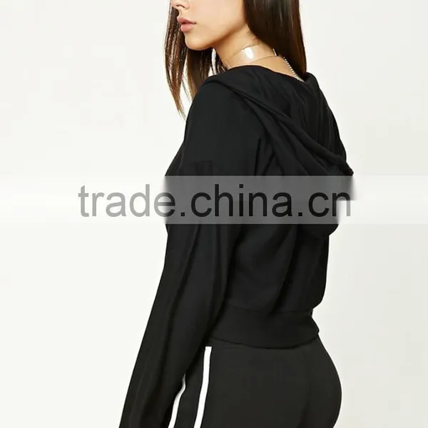 New Products 2017 Black Jacket Women Zip-Up Bell-Sleeve 92 Polyester 8 Spandex Fabric Cropped Zips Hoodie photo-4