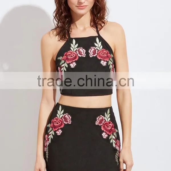 Two Piece Set Women Dress 2017 Black Embroidered Rose Applique Suede Halter Top With Skirt photo-2