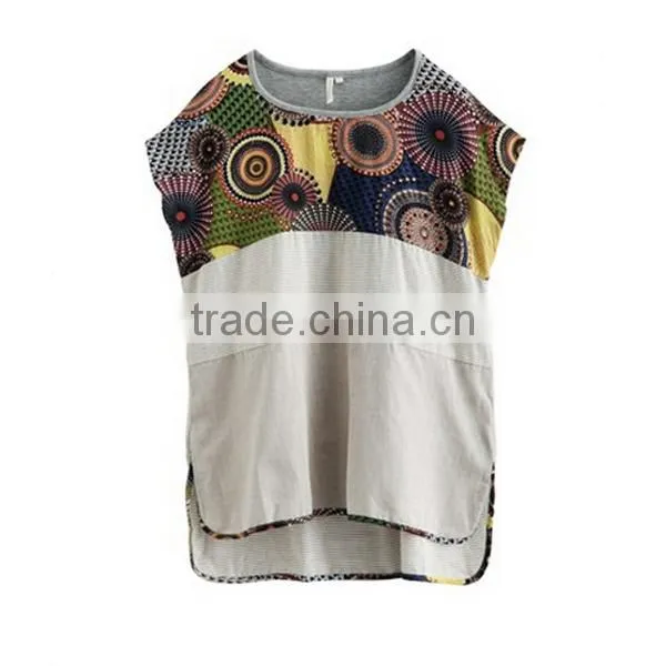 2015 Fashion Newest Design Women's Korean Vintage Style Printed Short Front and Long Back Linen Blouse With O-Neck photo-2