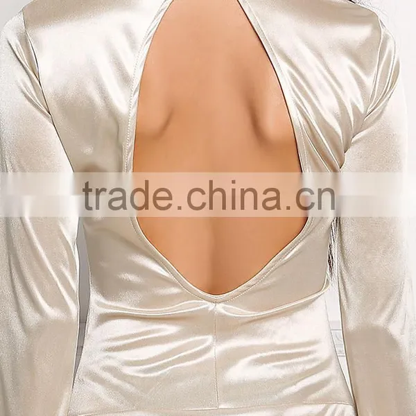 MGOO 2017 Manufacturer Custom Satin Open Back Bodysuits TurtleNeck Silk Satin Tops Long Sleeves Blouses photo-4